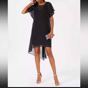 ADRIANNA PAPELL Chiffon Dress Size Medium Black Flowy Draped Hi-Low Shift M